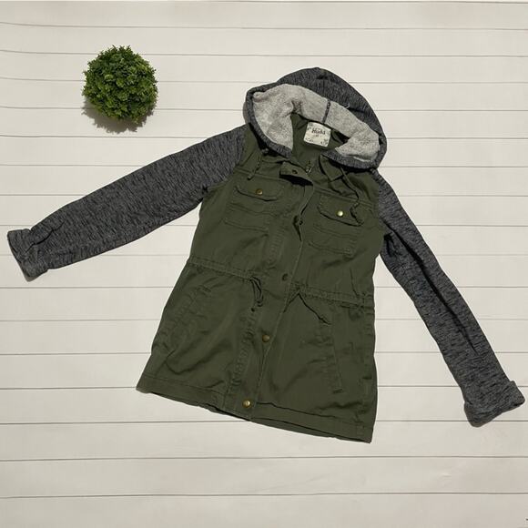 Mudd Olive Army Green Gray Knit Hooded Utility‎ Vest Jacket Women’s Size XS - Picture 1 of 9